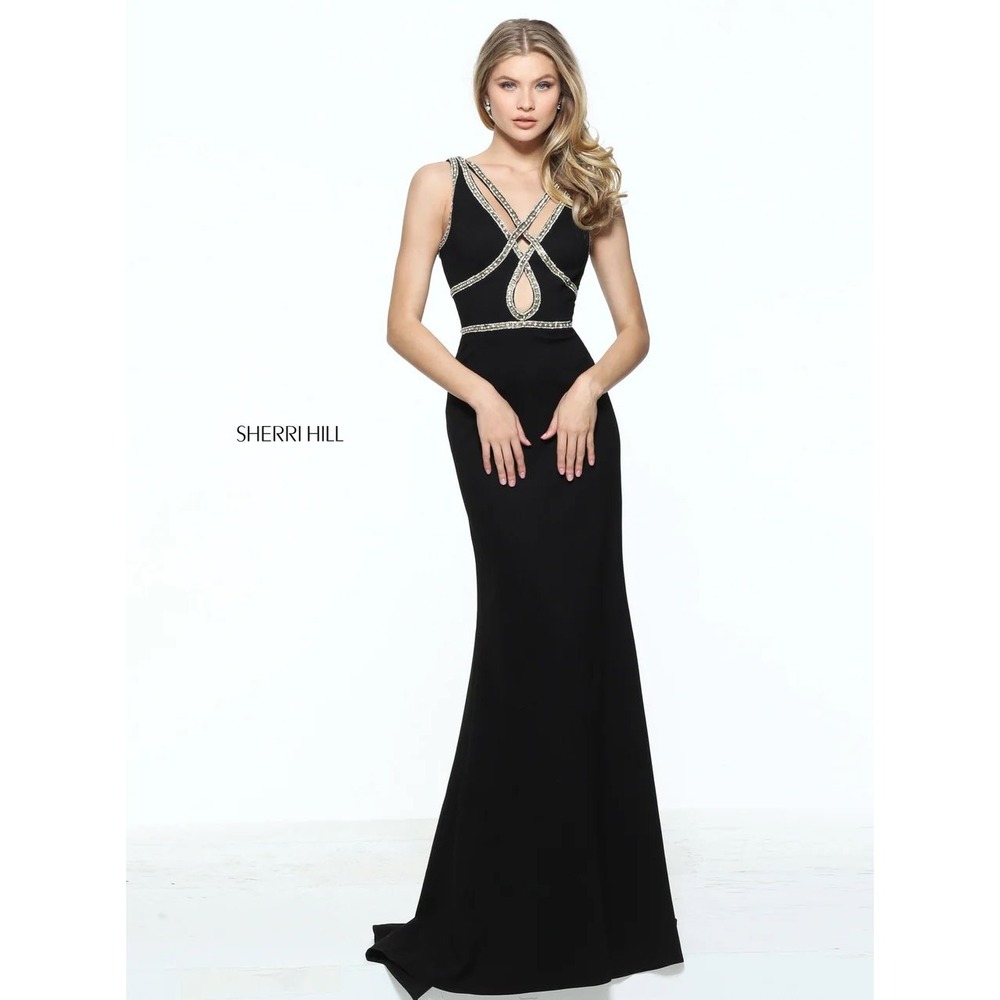 NWT Sherri Hill 51069 Black Gold Beaded Cutout Jersey‎ Gown Size 2